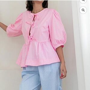 Pink Gingham Tie-Front Peplum Top | Coquette Puff Sleeve Blouse Preppy NWT SZ S